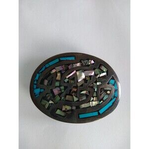 Vtg Sterling Silver Belt Buckle .925 Taxco Mexico Inlaid Turquoise Signed TA217